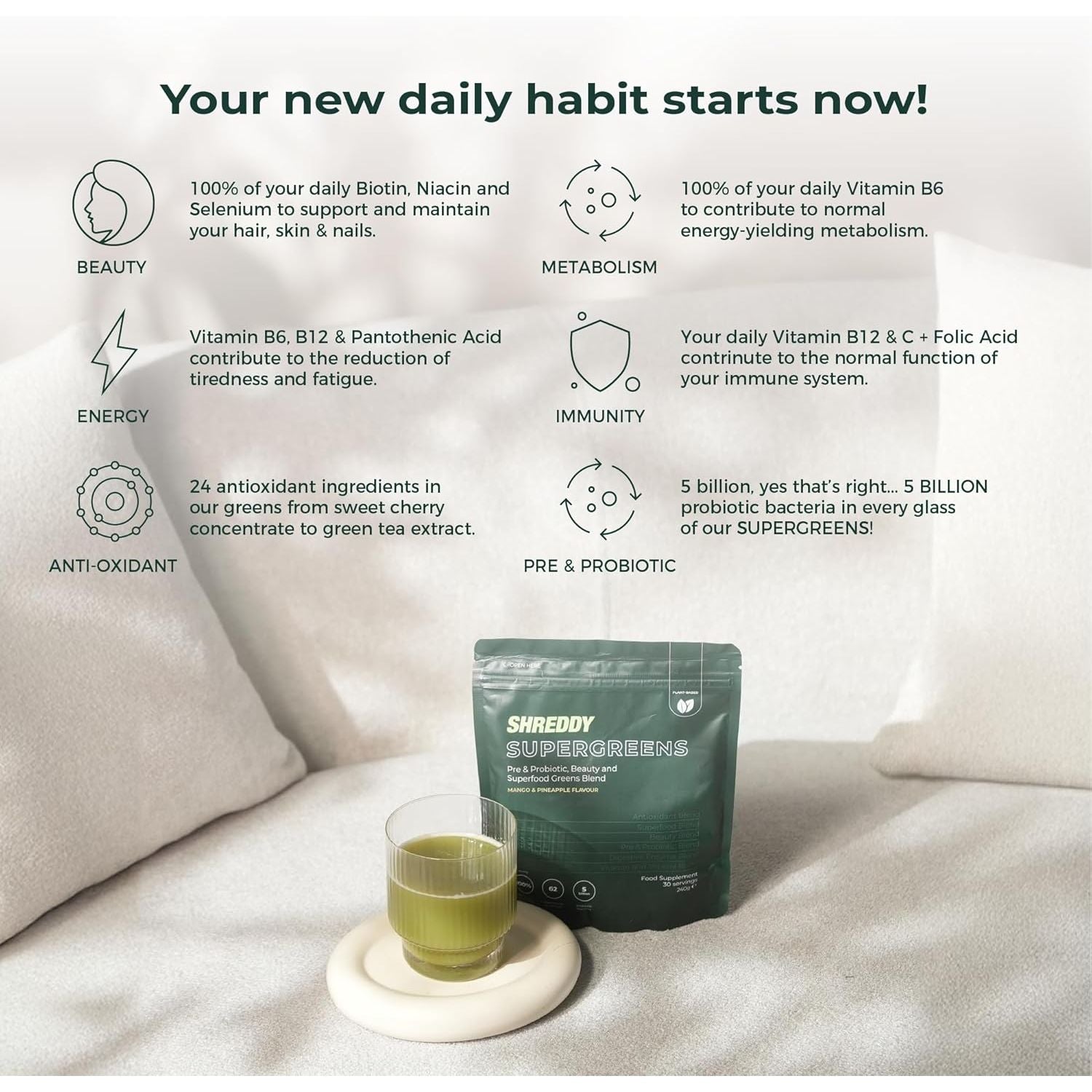 SHREDDY | Probiotic, Beauty, Superfood Greens Blend | 5 Billion Probiotics, 100% NRV Vitamins | 62 Nutrient-Rich Ingredients | Vegan-Friendly | Mango & Pineapple Flavour