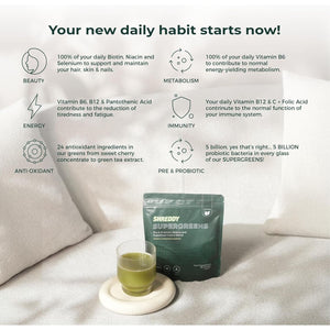 SHREDDY | Probiotic, Beauty, Superfood Greens Blend | 5 Billion Probiotics, 100% NRV Vitamins | 62 Nutrient-Rich Ingredients | Vegan-Friendly | Mango & Pineapple Flavour