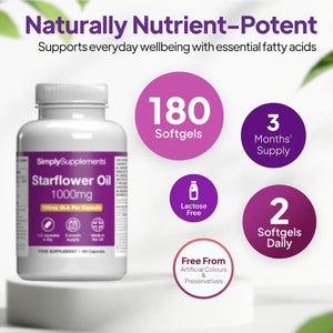 Starflower Oil 1000Mg | High Strength Borage Oil Softgels with GLA | 180 Softgels | Cold-Pressed | Made in the UK