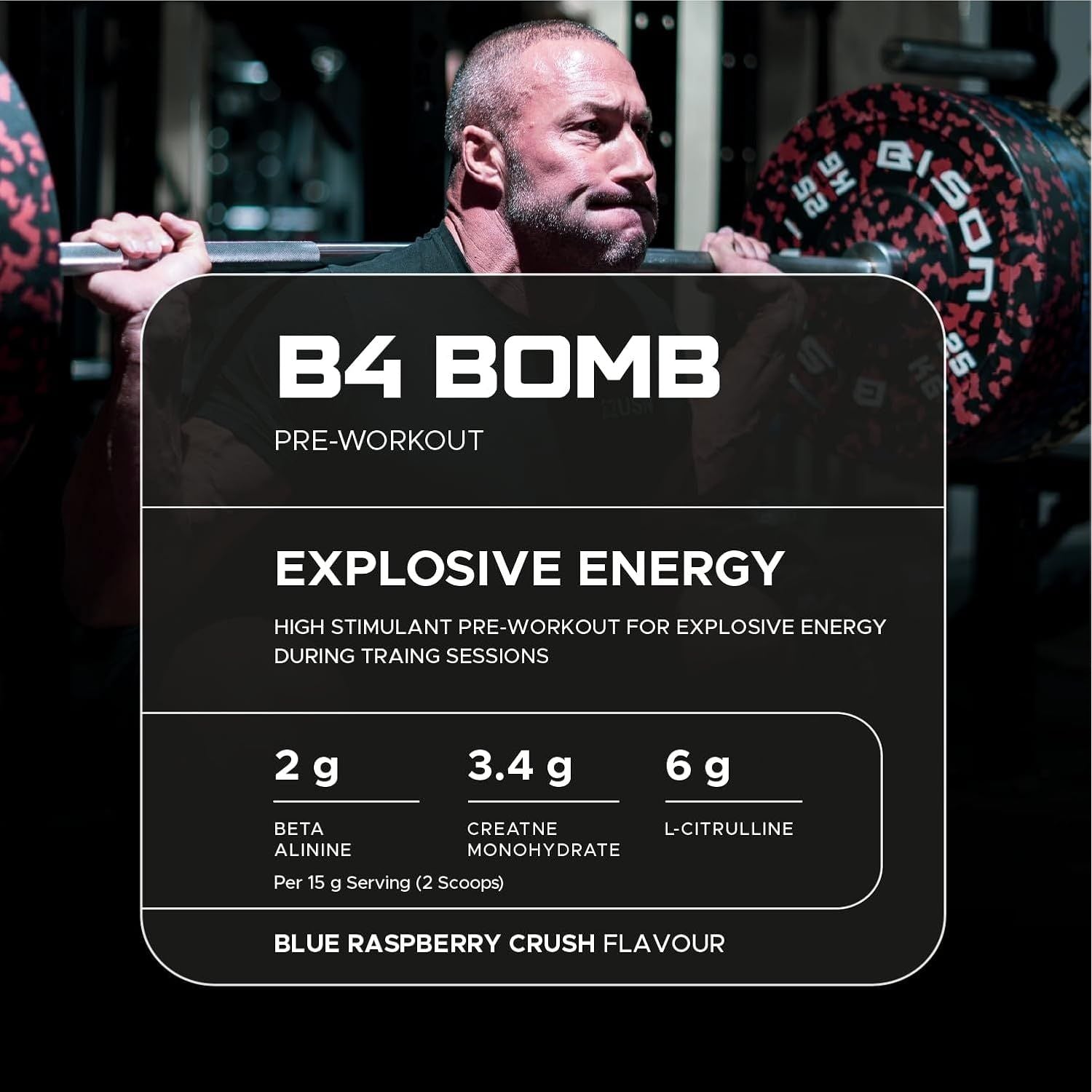 USN B4 Bomb Pre Workout Powder - 300G (20 Servings) Energy Drink Powder for Explosive Energy & Performance, 200Mg Caffeine, 6000Mg Citrulline, Creatine & 2000Mg Beta Alanine - Blue Raspberry Flavour