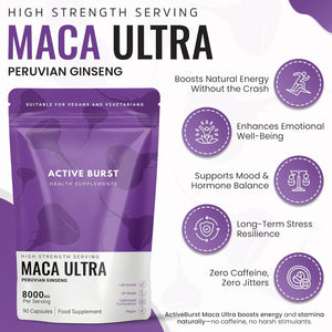 Macaroot Ultra – Maca Root Capsules 8000Mg | Peruvian Ginseng 10:1 Extract | 1.6Mg Macamides | Energy, Mood & Hormone Support | Vegan, UK Produced, Lab Tested | 90 Capsules | Activeburst Nutrition