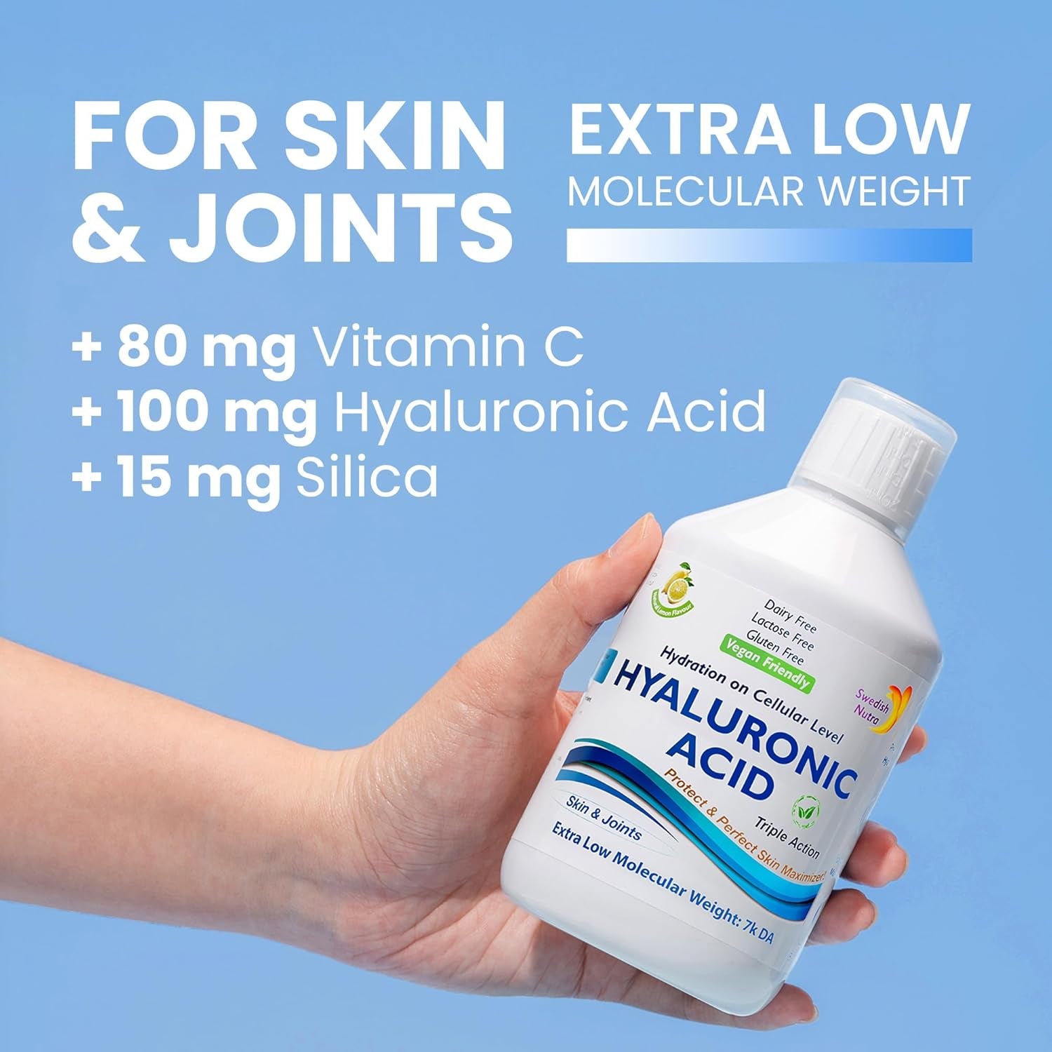 Swedish Nutra - Hyaluronic Acid Liquid Supplement - Pack of 500 Ml, 33 Day Supply | plus Vitamin C & Silica for Skin & Joint Hydration | Vegan & Free from Sugar & Gluten | 100% Natural Lemon Flavour