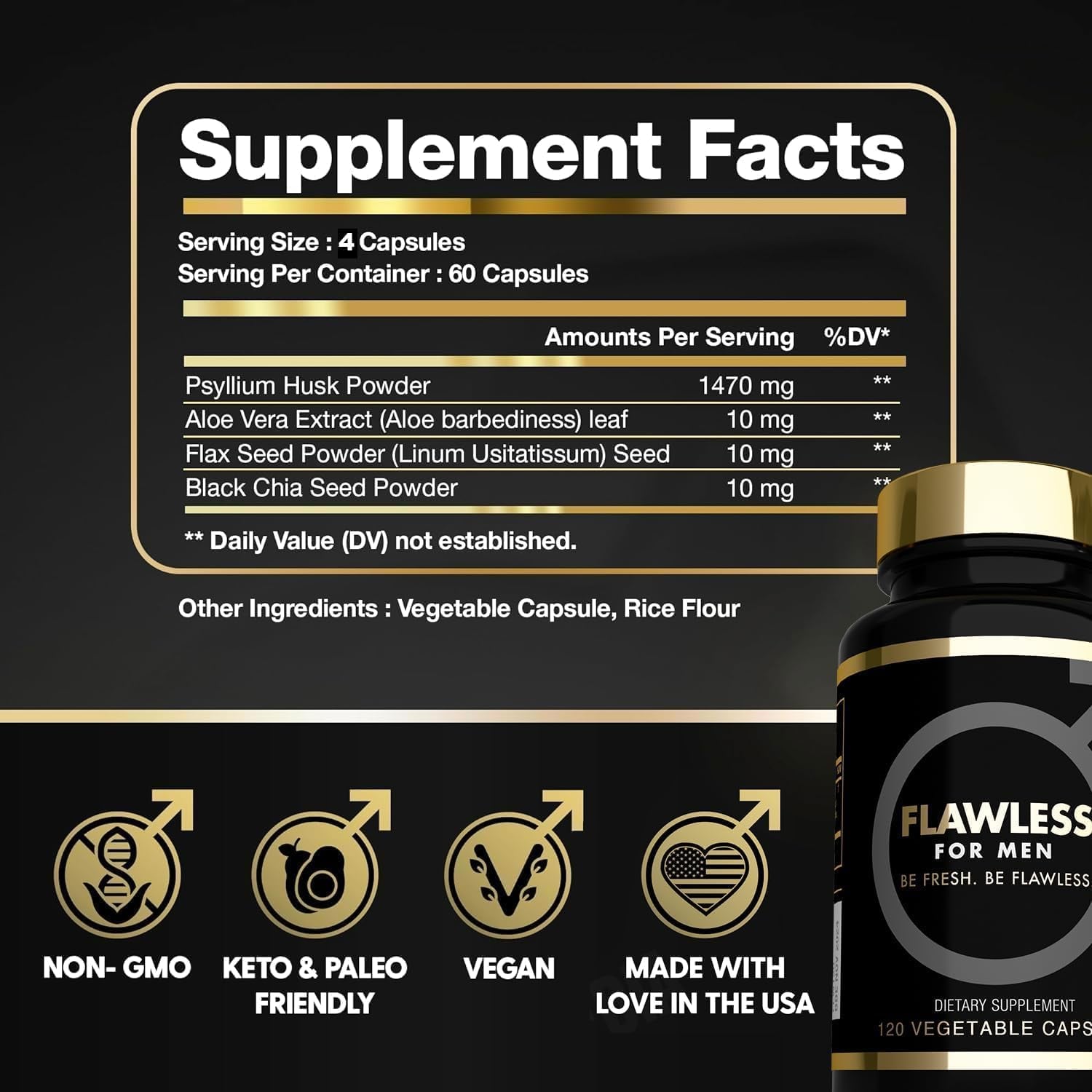 FLAWLESS for MEN Fibre Supplement 120 Capsules Psyllium Husk with Aloe Vera,Chia Seed & Flaxseed Powder Fiber, Gut Health, Cleanliness Constipation, IBS & Bloating Relief Soluble Fibre Pure Vegan.