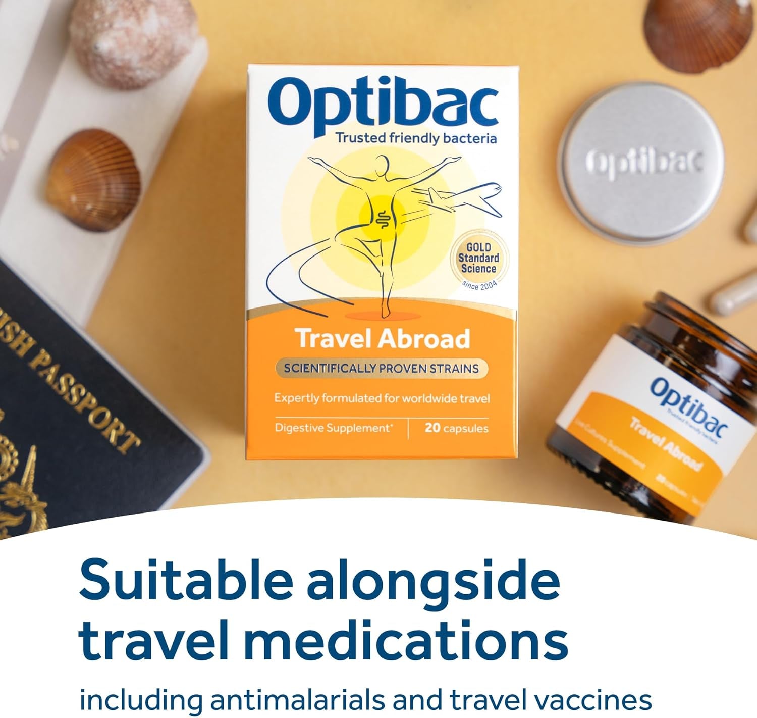 Optibac Probiotics Travel Abroad - Highly Researched Vegan Digestive Probiotic Supplement - Expertly Formulated for Travel & a Range of Climate Conditions - with Saccharomyces Boulardii - 20 Capsules