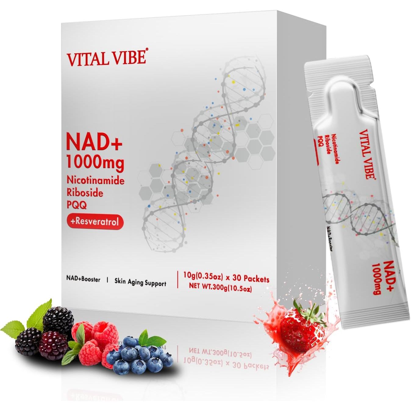 NAD Supplements UK, with Nicotinamide Riboside, Resveratrol & PQQ, 10.5 Fl. Oz NAD Liquid for Men & Women, Anti-Aging, Energy, Focus, Fast-Absorption Berry Flavor Drink Mix (1000Mgliquid 30 Packets)