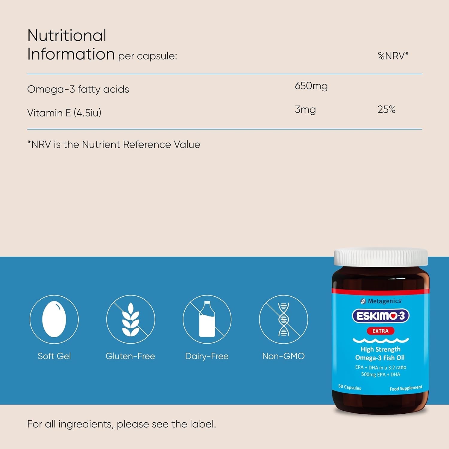 Eskimo-3 Extra High Strength Omega-3 Fish Oil by Metagenics - 500Mg Essential Fatty Acids EPA & DHA - 50 Capsules