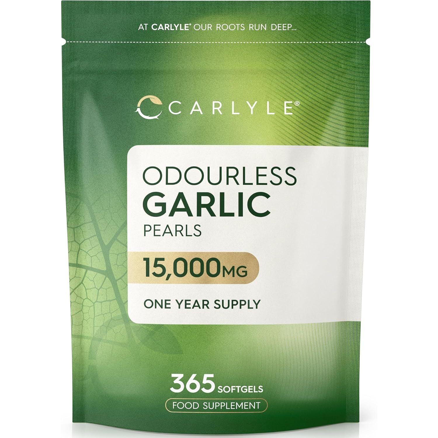 Odourless Garlic Capsules 15,000Mg | 365 Count (1 Year Supply) | High Strength Garlic Oil Pearls with Allicin | by Carlyle