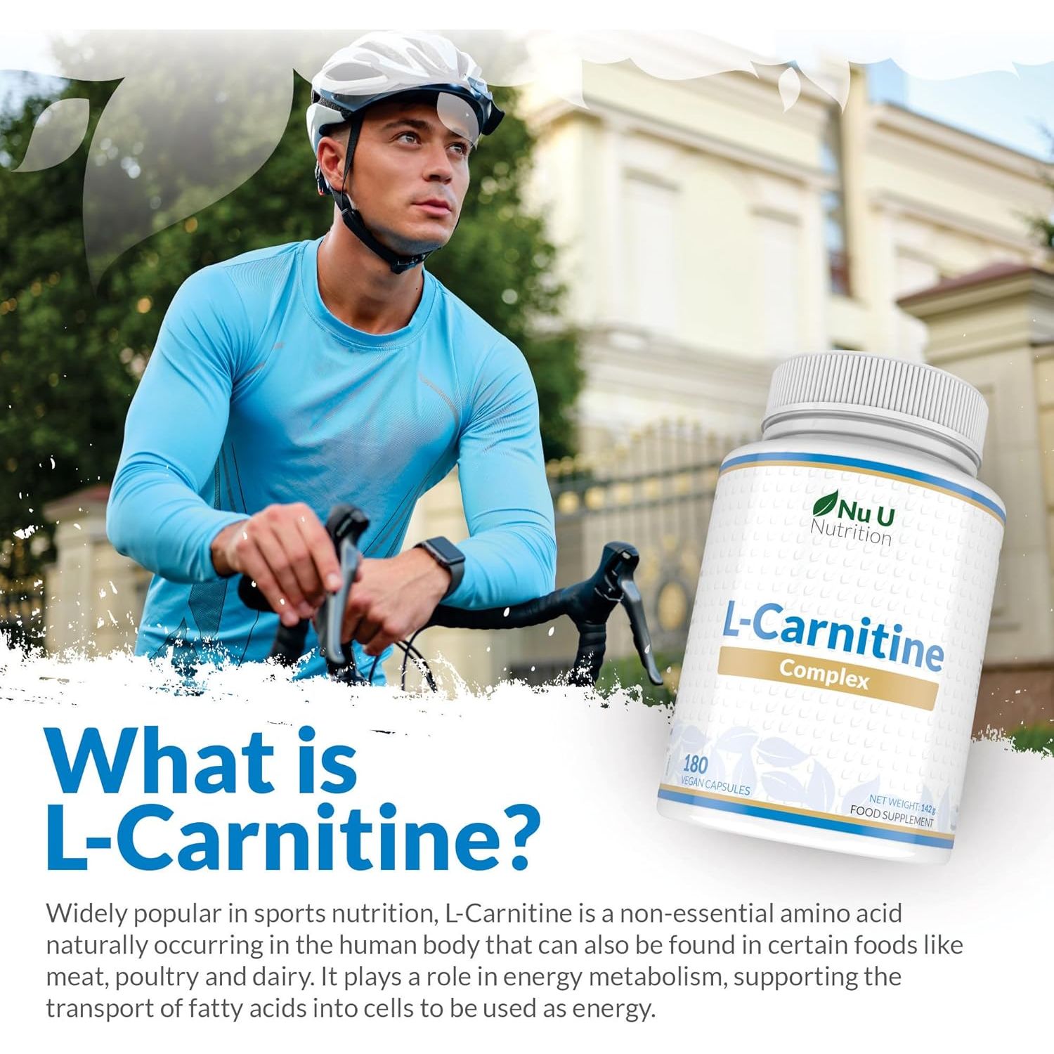 L-Carnitine Tartrate Complex 2200Mg - 180 Vegan Capsules - with Chromium, Riboflavin, Biotin, Vitamin D, B3 & B6 - High Strength L Carnitine Supplement - Made in the UK - Nu U Nutrition