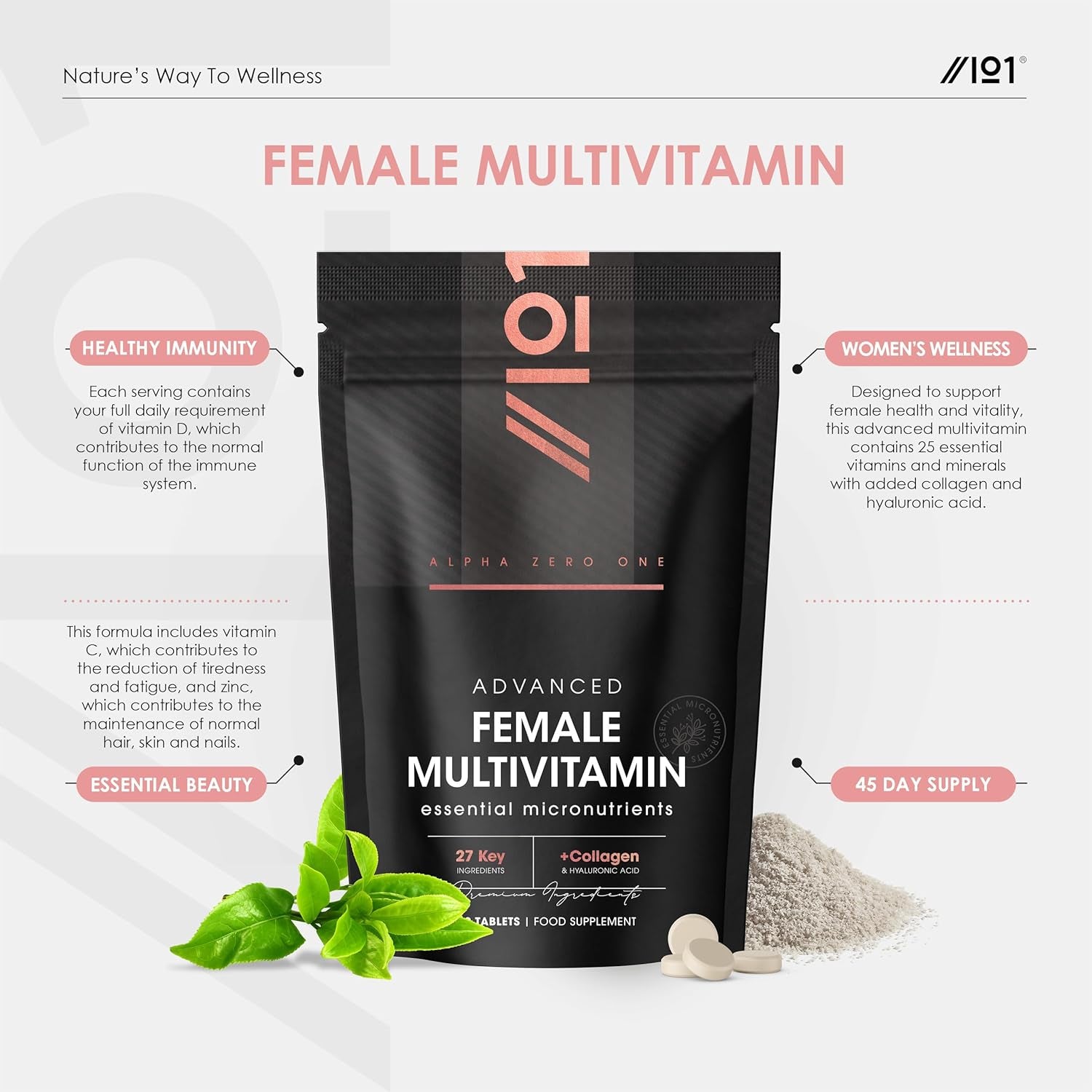 Women'S Multivitamins and Minerals with Collagen & Hyaluronic Acid - 27 Essential Vitamins, Minerals, & Botanicals - 90 Tablets – No Synthetic Fillers or Binders – by Alpha01