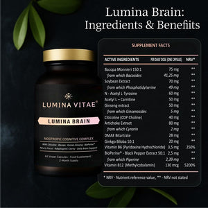 Lumina Brain Nootropic Cognitive Complex – 60 Vegan Capsules for Focus & Memory Support with Bacopa, DMAE, L‑Tyrosine, Acetyl‑Carnitine & Citicoline