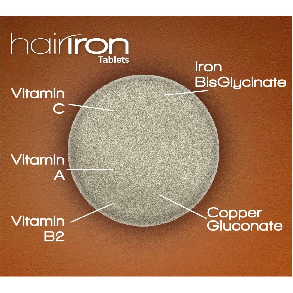 HAIRIRON - High Strength Iron Supplements - Gentle Iron Bisglycinate 30Mg with Vitamins C, a & B2 Tablets, Vegan Supplements for Men & Women'S Health - 90 Tablets.