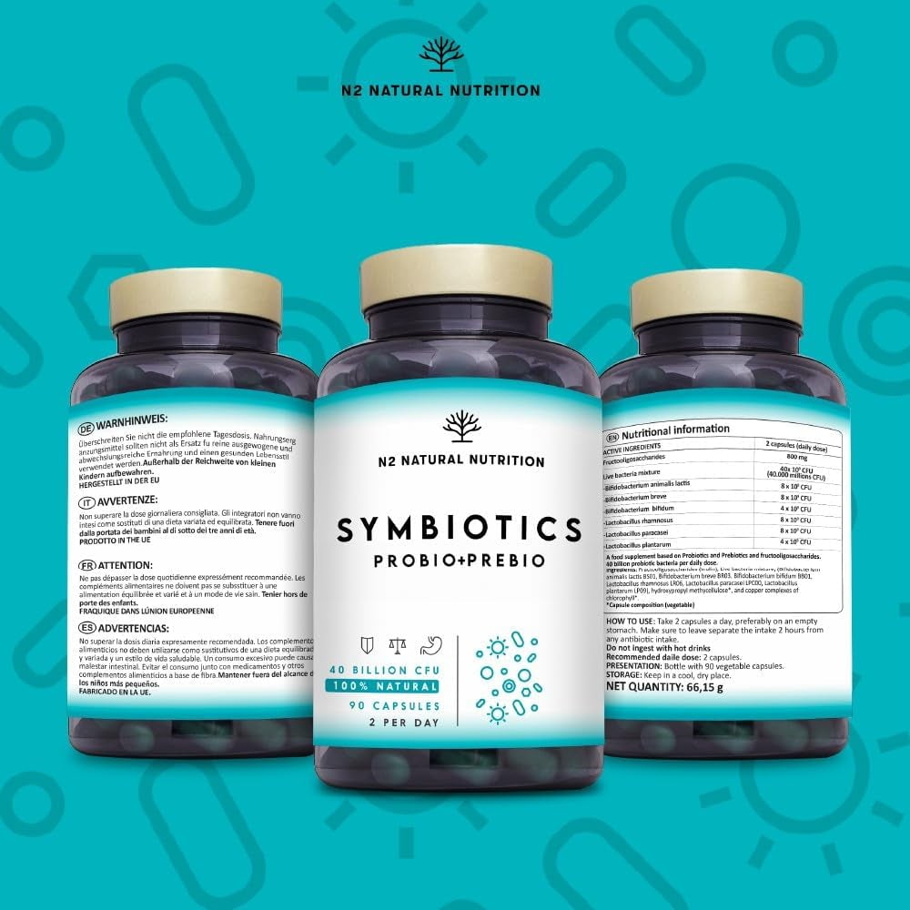 Probiotics and Prebiotics Supplement for Adults, 40 Billion CFU, 6 Probiotic Strains with Inulin. 90 Vegan Capsules. N2 Natural Nutrition