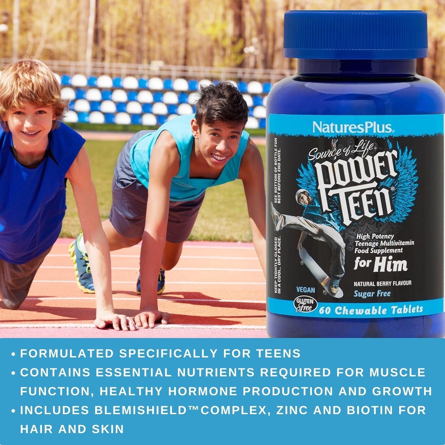 Naturesplus Power Teen for Him - Tasty Plant Based Chewable Multi Vitamins and Minerals for Teen Boys - Vegan, Gluten Free - 60 Wild Berry Flavour Tablets