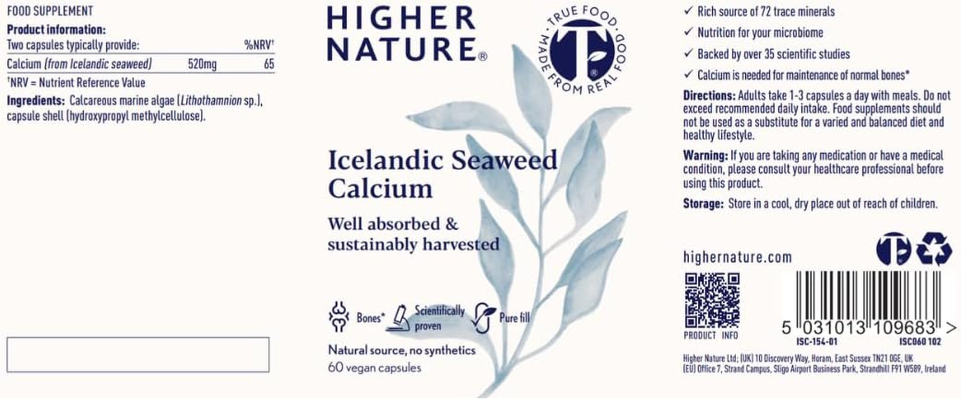 Higher Nature - Icelandic Seaweed Calcium - True Food® Formula - 260Mg Natural Source - Clinically Proven Calcium Supplement - Supports Bones, Teeth & Digestive Enzyme Function - 60 Capsules