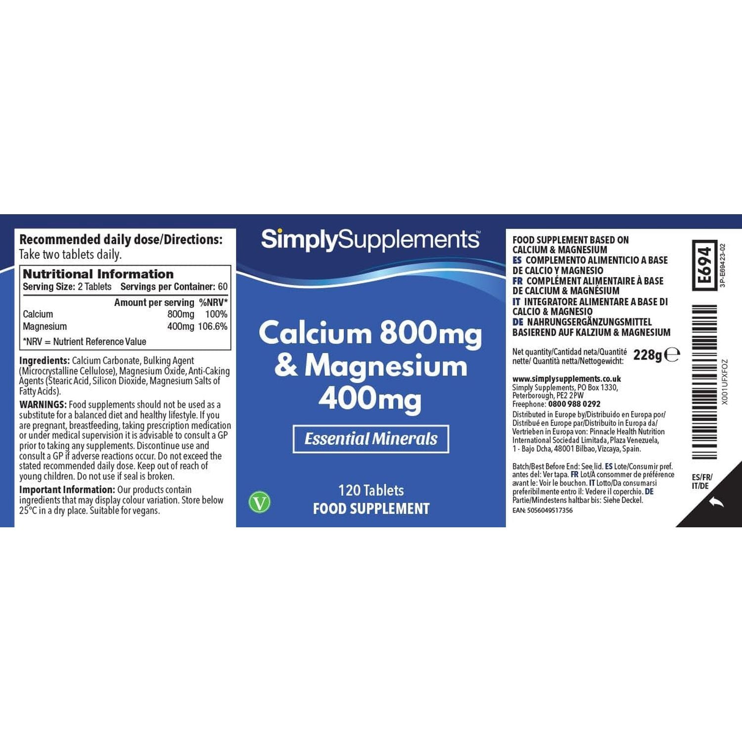 Calcium 800Mg & Magnesium 400Mg High Potency Formula | Vegan & Vegetarian Friendly | Support for Bone Health and Muscle Function | 120 Tablets = 2 Months’ Supply | Manufactured in the UK