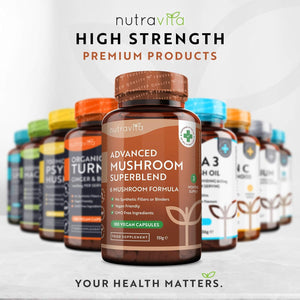 High Potency Mushroom Complex 14400Mg Superblend with Lions Mane - 6 Mushroom Complex with Chaga, Cordyceps, Shiitake, Reishi, Maitake and Lions Mane - 180 Vegan Capsules - Made in the UK