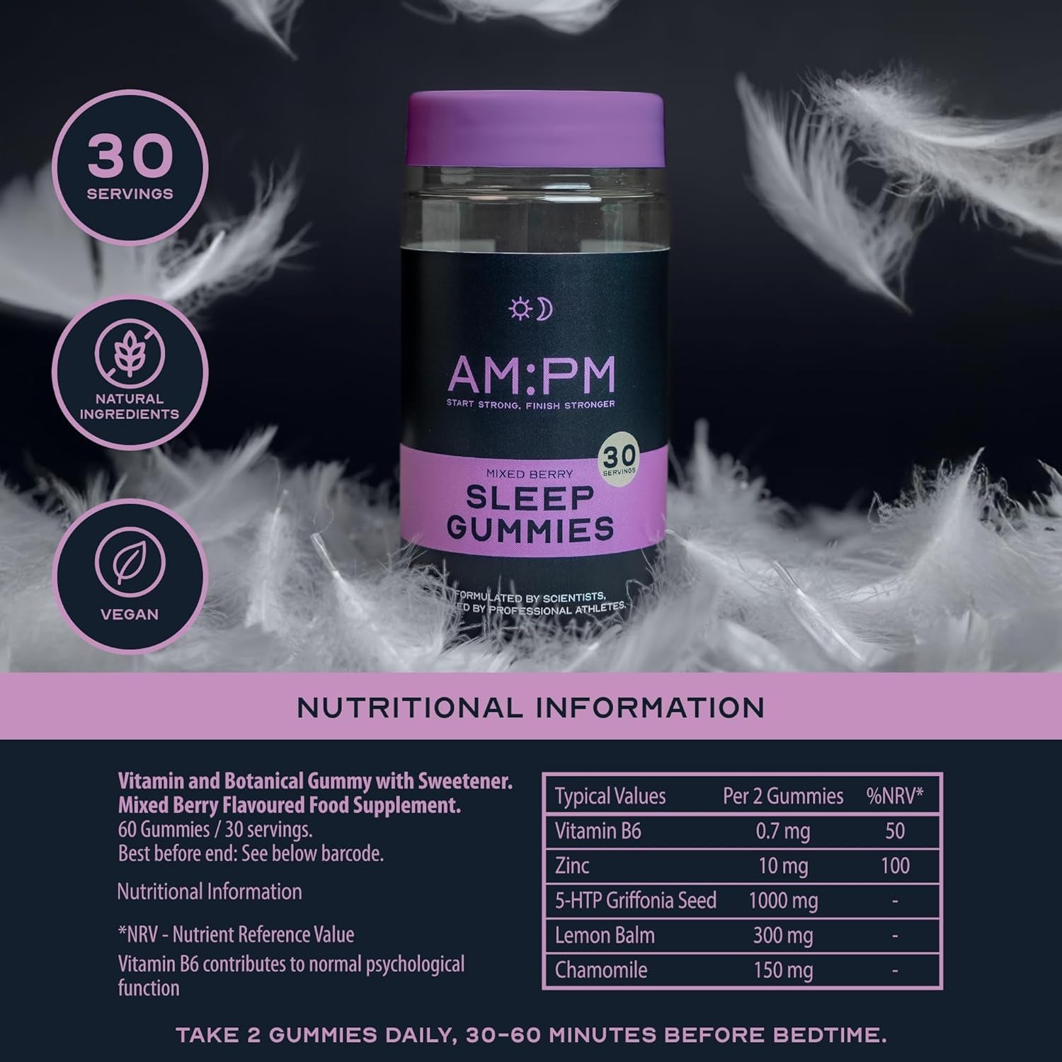 AM:PM Sleep Gummies - Vegan Sleep Aid with Natural Ingredients - Lemon Balm, Chamomile, Zinc, Vitamin B6 & 5-HTP - Berry Flavour - 60 Gummies (30 Day Supply)