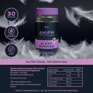 AM:PM Sleep Gummies - Vegan Sleep Aid with Natural Ingredients - Lemon Balm, Chamomile, Zinc, Vitamin B6 & 5-HTP - Berry Flavour - 60 Gummies (30 Day Supply)