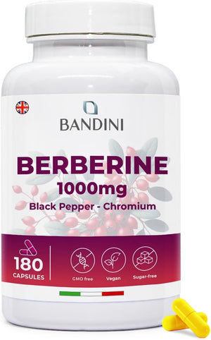 Bandini® Berberine 1000Mg Pure High Dosage | 180 Vegan Capsules - Pure Berberin HCL from Berberis Aristata 97% + Chromium and Black Pepper | Maximum Absorption - Digestive, Liver, Intestinal Function
