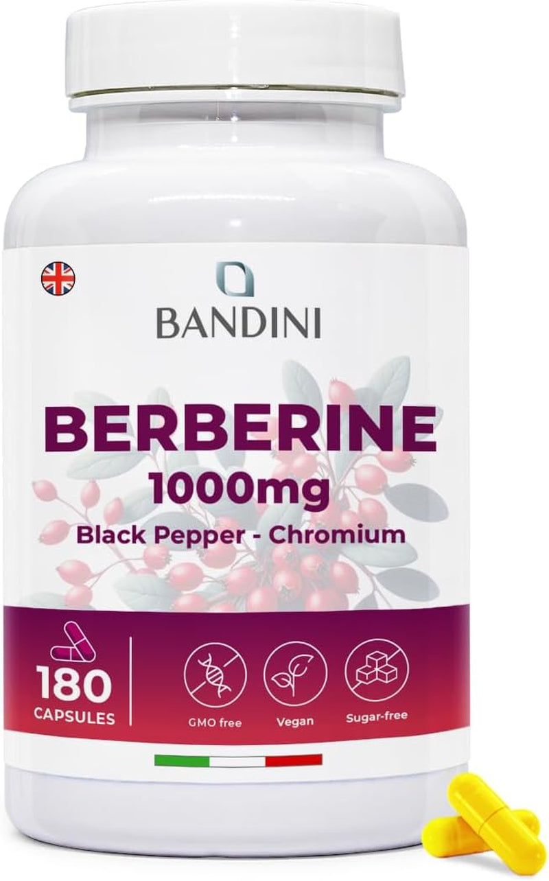 Bandini® Berberine 1000Mg Pure High Dosage | 180 Vegan Capsules - Pure Berberin HCL from Berberis Aristata 97% + Chromium and Black Pepper | Maximum Absorption - Digestive, Liver, Intestinal Function
