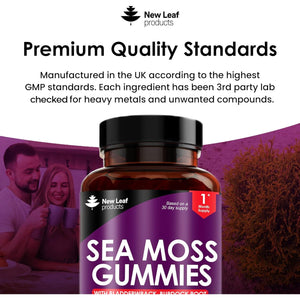 Sea Moss Gummies - Enriched with Irish Sea Moss, Burdock Root and Bladderwrack - High Strength 3000Mg Vegan Gummy - Seamoss Gummies Made in UK by New Leaf 60 Gummys