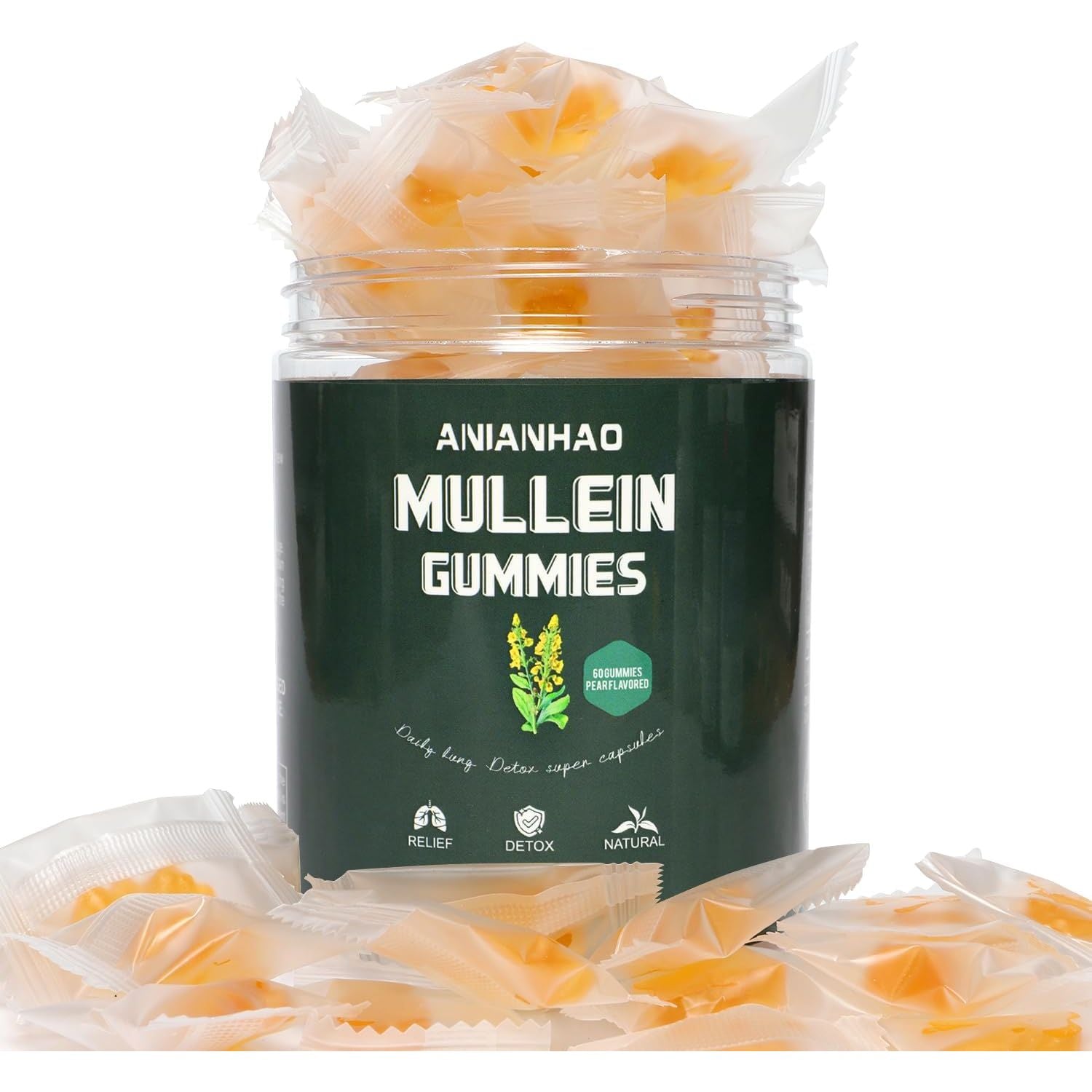 Mullein Gummies - Mullein Leaf Extract for Lungs - Mullein Leaf Gummies 2000Mg for Lung Cleanse Detox Herbal Dietary Supplement- Mucus Remover & Mucus Relief (One Bottle)