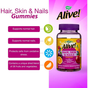 Alive! Hair, Skin & Nails Supplement | Contains 2,500Mcg of Biotin | 60 Gummies (1 Month Supply) | Delicious Multivitamin Gummies to Nourish Your Hair, Skin & Nails.