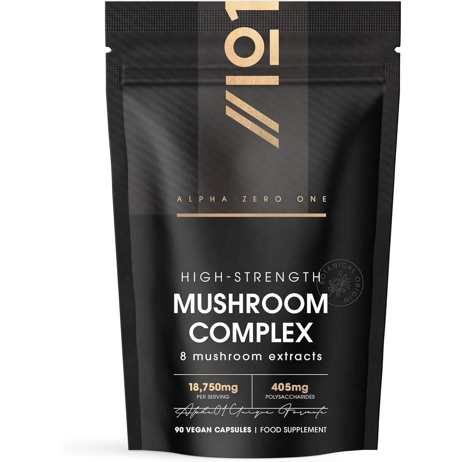 Mushroom Complex Extract 18,750Mg – 405Mg Polysaccharides – 8 Types – Cordyceps Button Mushroom Chaga Lions Mane Oyster Shiitake Maitake Reishi – 90 Vegan Capsules by Alpha01