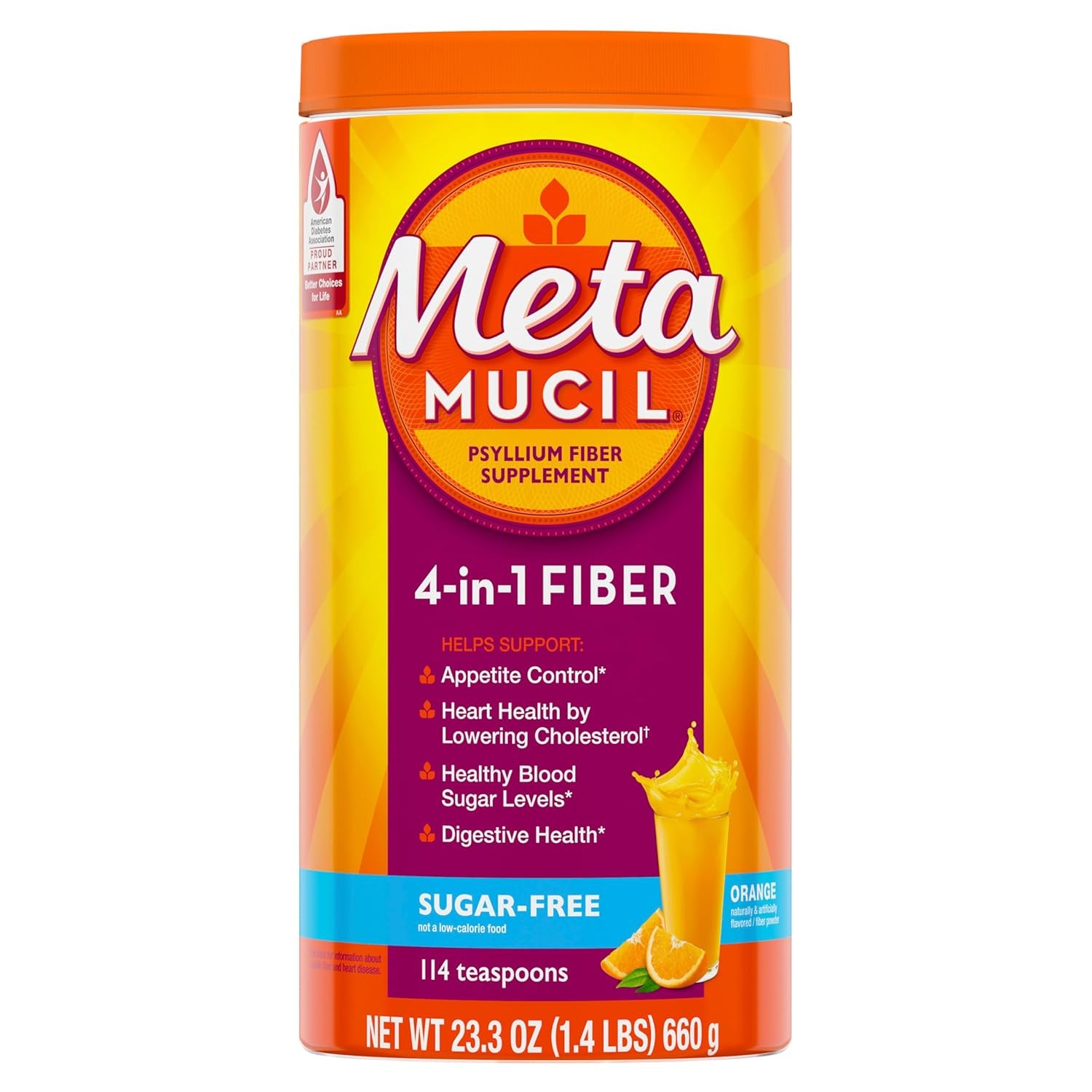Metamucil Daily Fiber Supplement, Orange Smooth Sugar Free Psyllium Husk Fiber Powder, 114 Doses