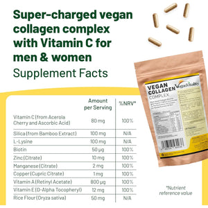 Vegan Collagen with Biotin, Lysine, Bamboo Silica, Zinc, Vitamin C, E & A. Collagen Supplements for Women 2 Months Supply. for Hair, Nails, Joints & Bones.