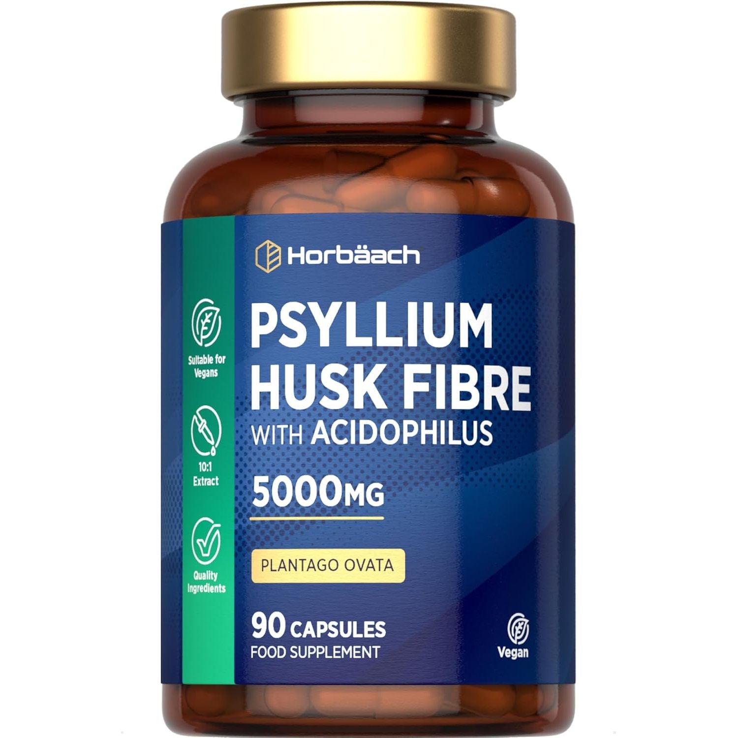 Psyllium Husk Capsules 5000Mg with Acidophilus | Natural Soluble Fibre Supplement with Probio | Plantago Ovata Seed Husk Extract | 90 Vegan Capsules | by Horbaach