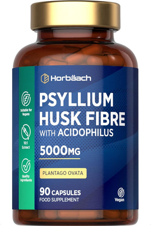 Psyllium Husk Capsules 5000Mg with Acidophilus | Natural Soluble Fibre Supplement with Probio | Plantago Ovata Seed Husk Extract | 90 Vegan Capsules | by Horbaach
