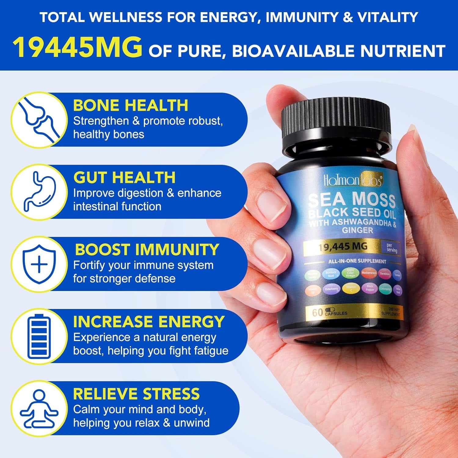 Sea Moss Complex-19,445Mg Sea Moss Capsules with Black Seed Oil& Ashwagandha, Ginger- 60 High Strength Capsules Providing 30 Day Supply- Vegan&Halal