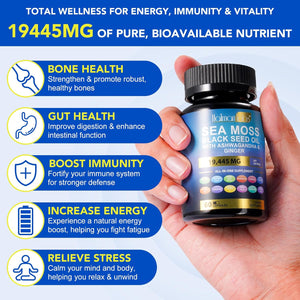 Sea Moss Complex-19,445Mg Sea Moss Capsules with Black Seed Oil& Ashwagandha, Ginger- 60 High Strength Capsules Providing 30 Day Supply- Vegan&Halal