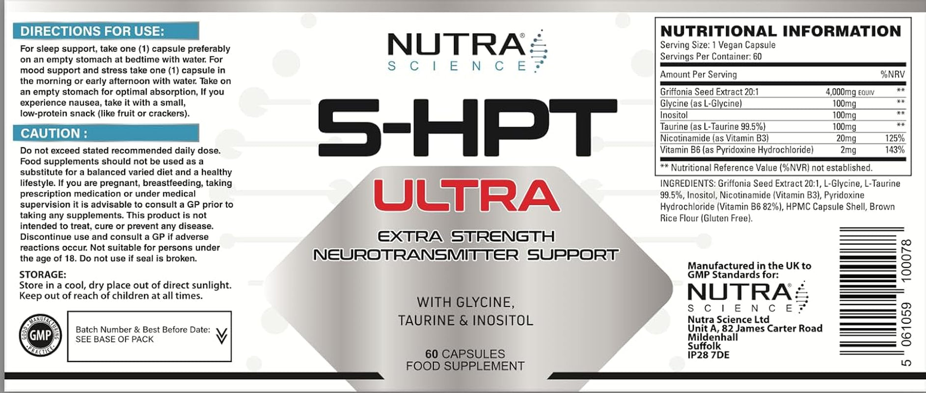 5HPT Ultra 4,000MG - Extra Strength Griffonia Seed Extract Neurotransmitter Support with Nicotinamide, Glycine, Inositol, Vitamin B6, 60 Vegan Capsules