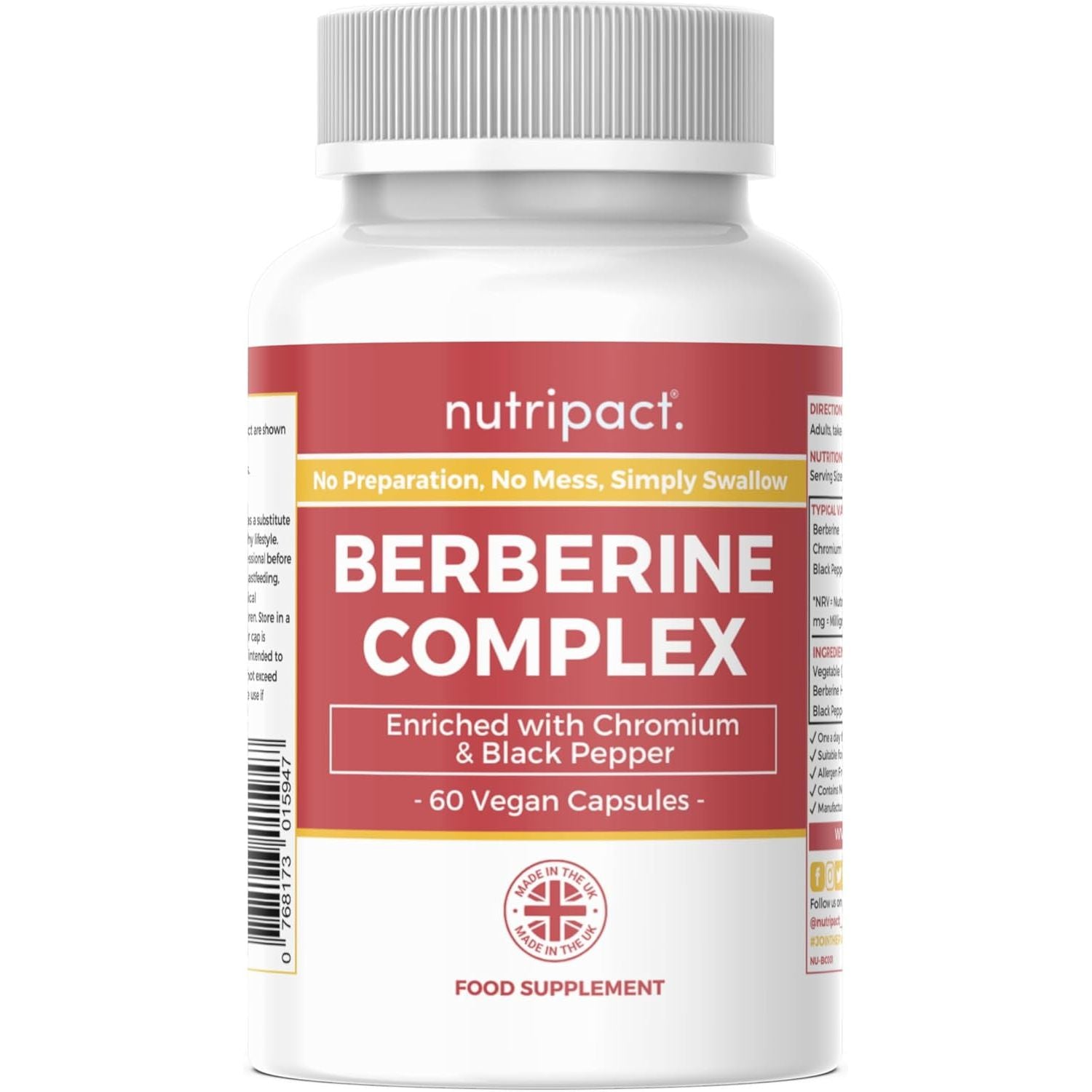 Nutripact Berberine Supplement with Chromium Picolinate and Black Pepper - 60 Vegan Capsules (Not Tablets) High Strength 500Mg - Made in the UK