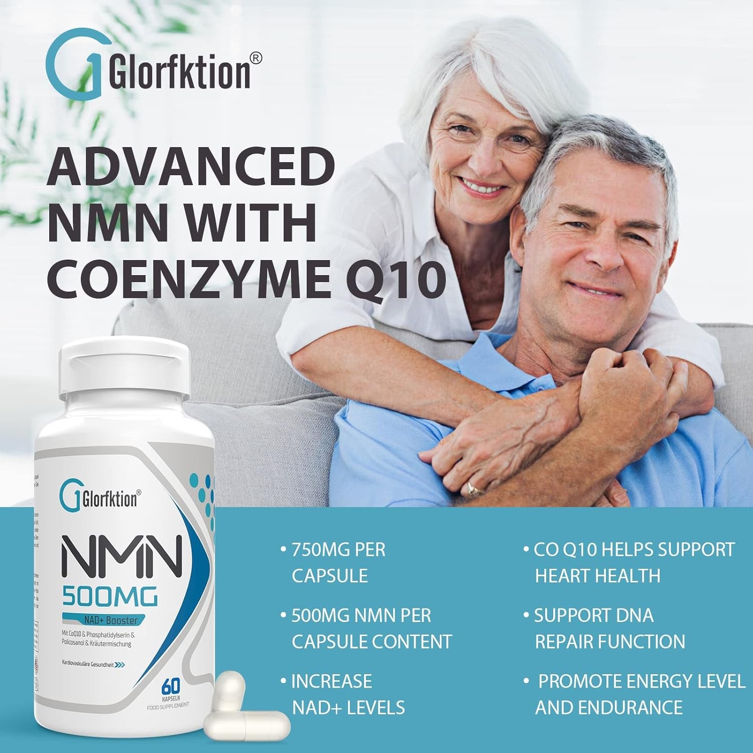 NAD Supplement | 750Mg Advanced NAD Contains All 7 Ingredients in 1 Capsule | NAD+ Booster for anti Aging | 60 Count Capsules (60 Count (Pack of 1))
