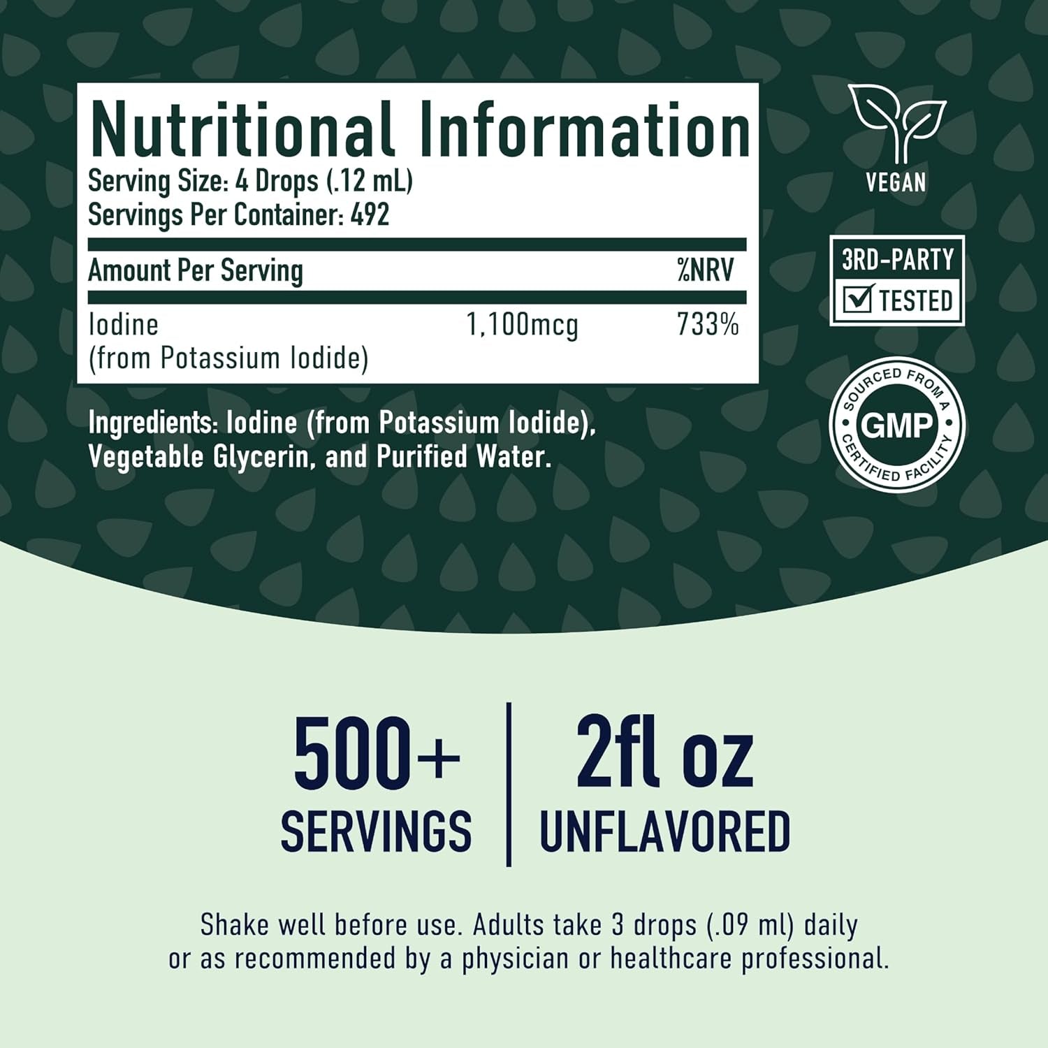 Liquid Nascent Iodine Drops | Iodine Supplement for Thyroid, Energy & Metabolism Support | 2 Fl Oz | 500 Servings | Non-Gmo, Vegan, Third-Party Tested, Highly Absorbable | 1100 Mcg per Serving