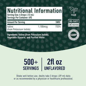 Liquid Nascent Iodine Drops | Iodine Supplement for Thyroid, Energy & Metabolism Support | 2 Fl Oz | 500 Servings | Non-Gmo, Vegan, Third-Party Tested, Highly Absorbable | 1100 Mcg per Serving