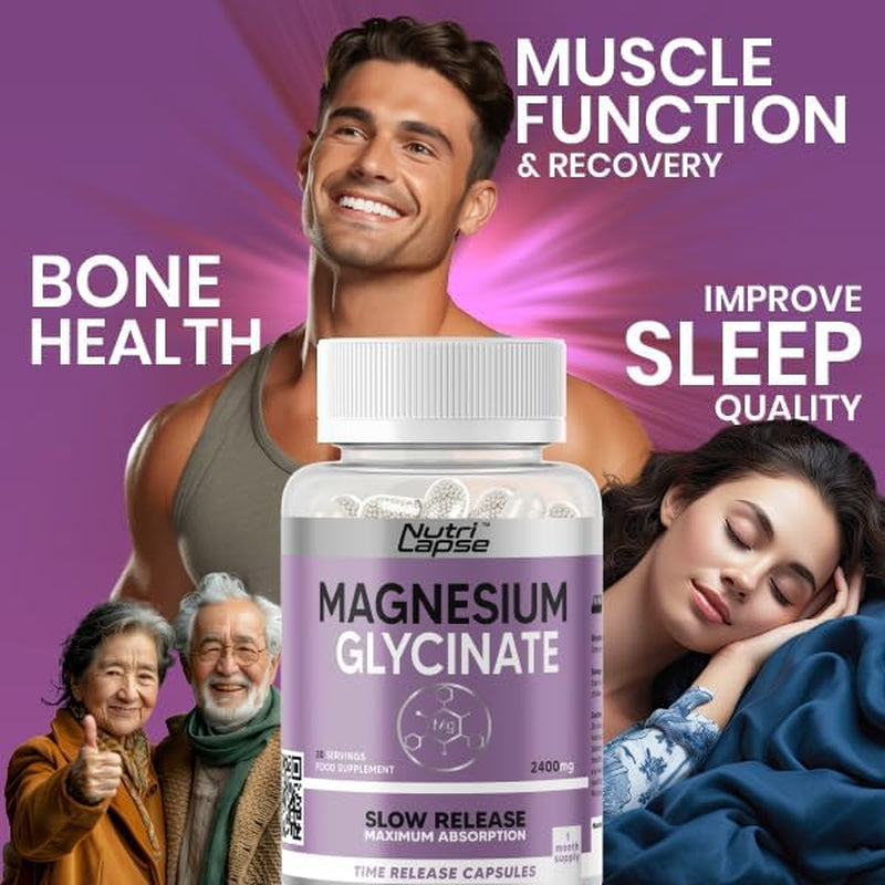 Magnesium Glycinate 120 Capsules – High Strength, Granular Technology, Sustained Slow Release for Maximum Absorption – 2400Mg Delivering 340Mg Elemental Magnesium per Serving