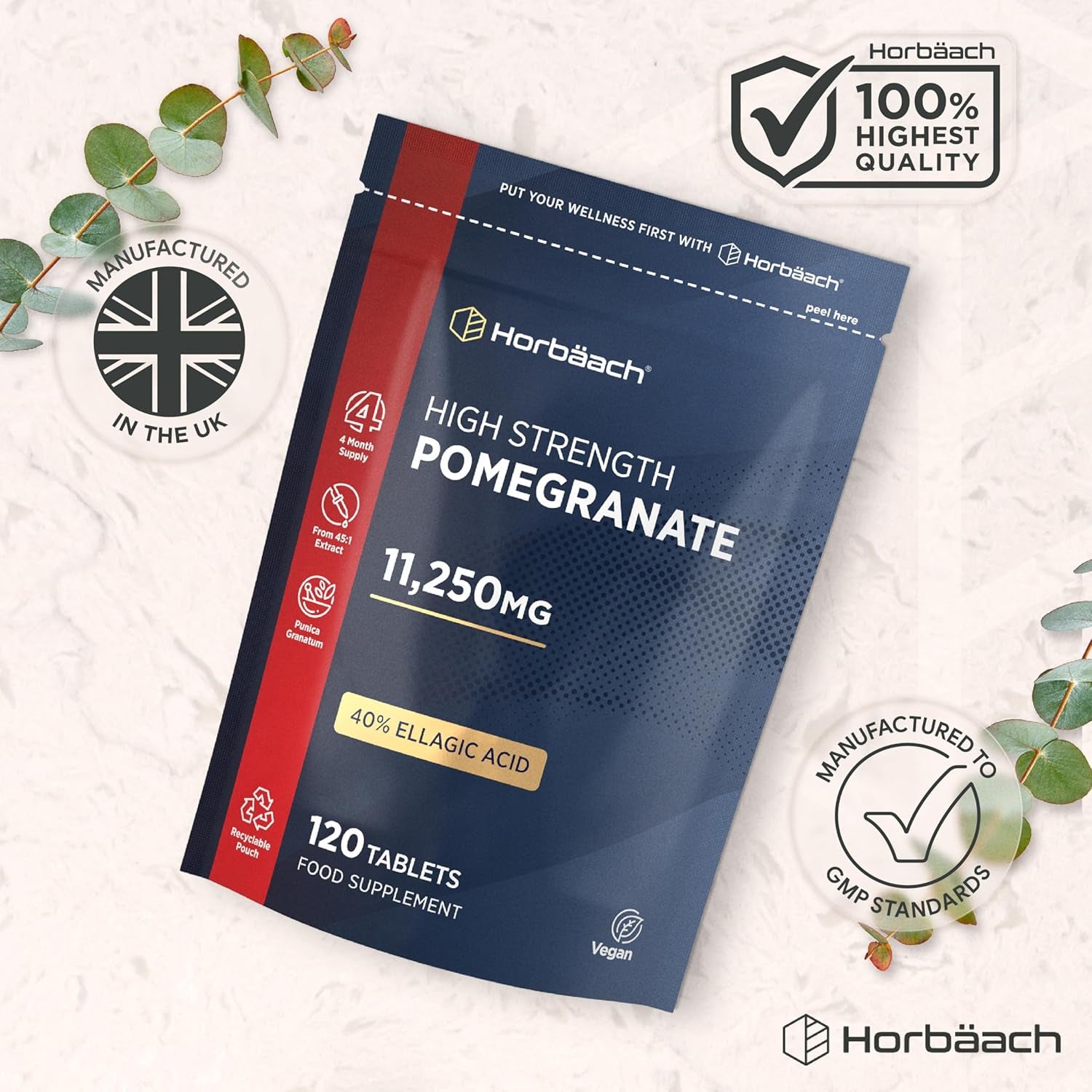 Pomegranate Extract 11,250Mg | 120 Tablets (4 Month Supply) | High Strength Vegan Supplement with 100Mg of Ellagic Acid | 45:1 Extract Formula | by Horbaach
