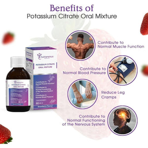 Nutranexus Potassium Citrate Oral Mixture - 200Ml | Strawberry Flavor | Contributes to Normal Muscle Function, Nervous Function & Blood Pressure