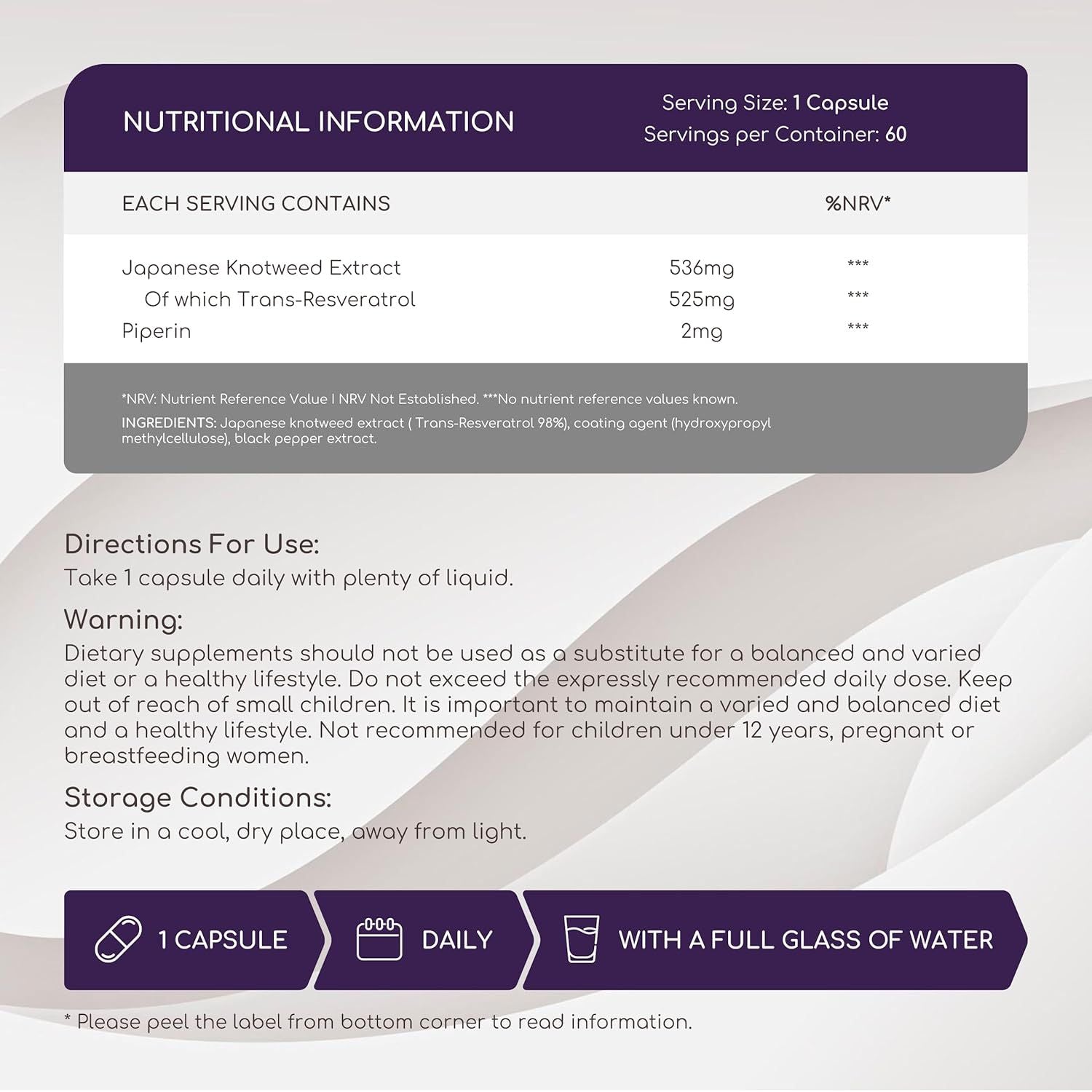 Resveratrol Supplement - 98% Pure Trans Resveratrol - Highly Bioavailable & Enhanced Absorption with Piperine - 525 Mg per Capsule, 60 Servings - Antioxidant Support