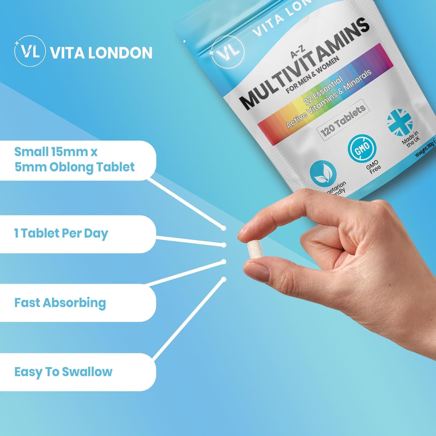 Multivitamin Tablets for Women & Men | 22 Essential Active Multi Vitamins & Minerals | 4 Month Supply (Tablet, Not Powder or Multivitamins Capsule) | UK Made Supplements