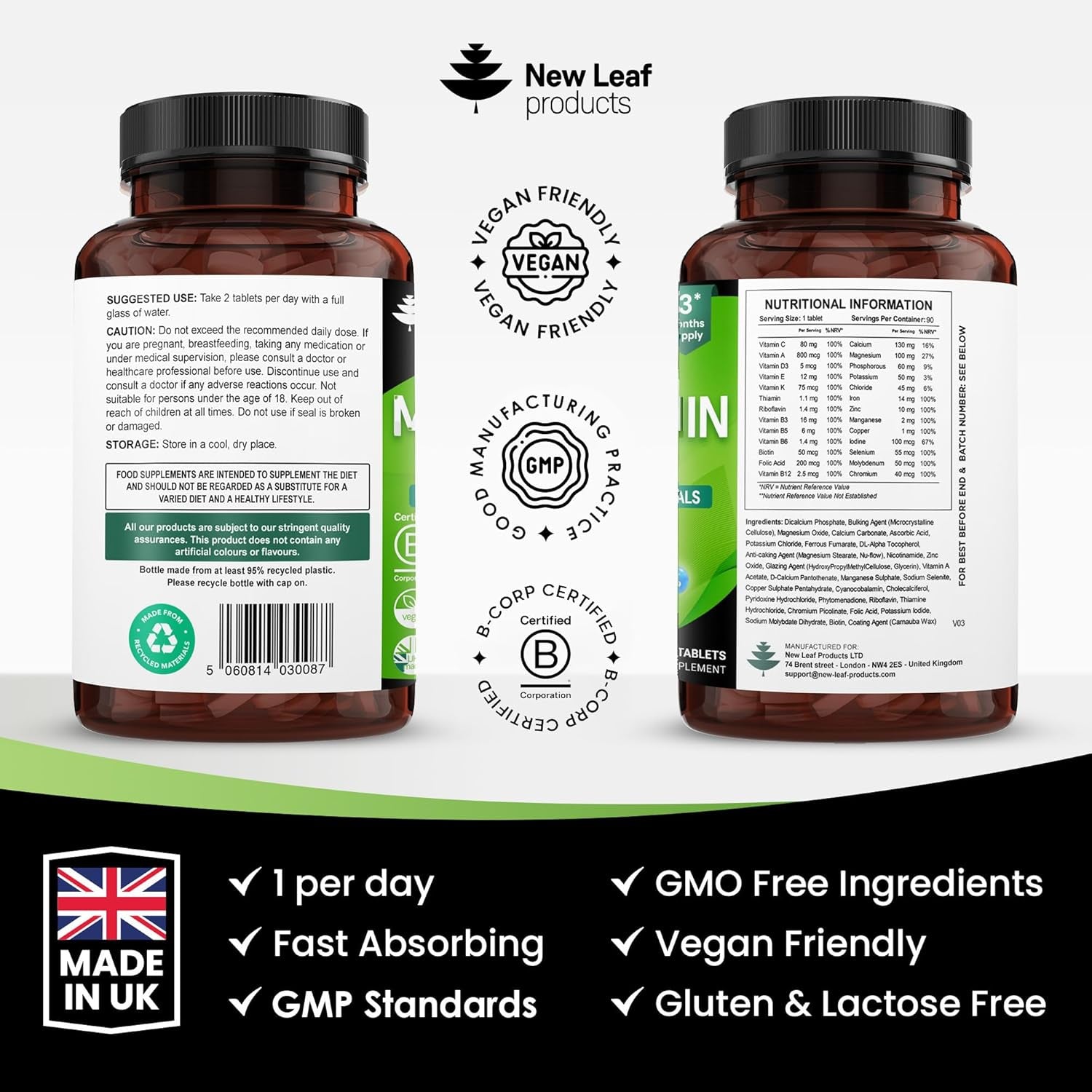 Multivitamin & Minerals 26 Essential Active Vegan High Strength Multivitamin Tablets for Women & Men with Iron A-Z Complete Daily Vegan Vitamins Gluten Free GMO Free (3 Month Supply) UK Made New Leaf