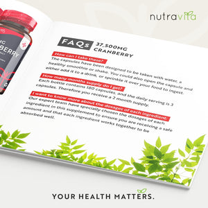 Max Strength Cranberry 37,500Mg - 180 Vegan Capsules – Daily Supplement for Women – 50:1 Pure Cranberry Extract Supplement – Made in the UK by Nutravita