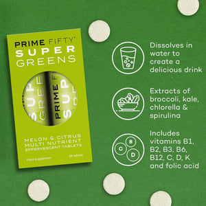 Prime Fifty Super Greens+ Supplement – Effervescent Multivitamins Tablets – 28 Day Supply – Immune System Supplement with Super Greens, Melon, Citrus Multi-Nutrient