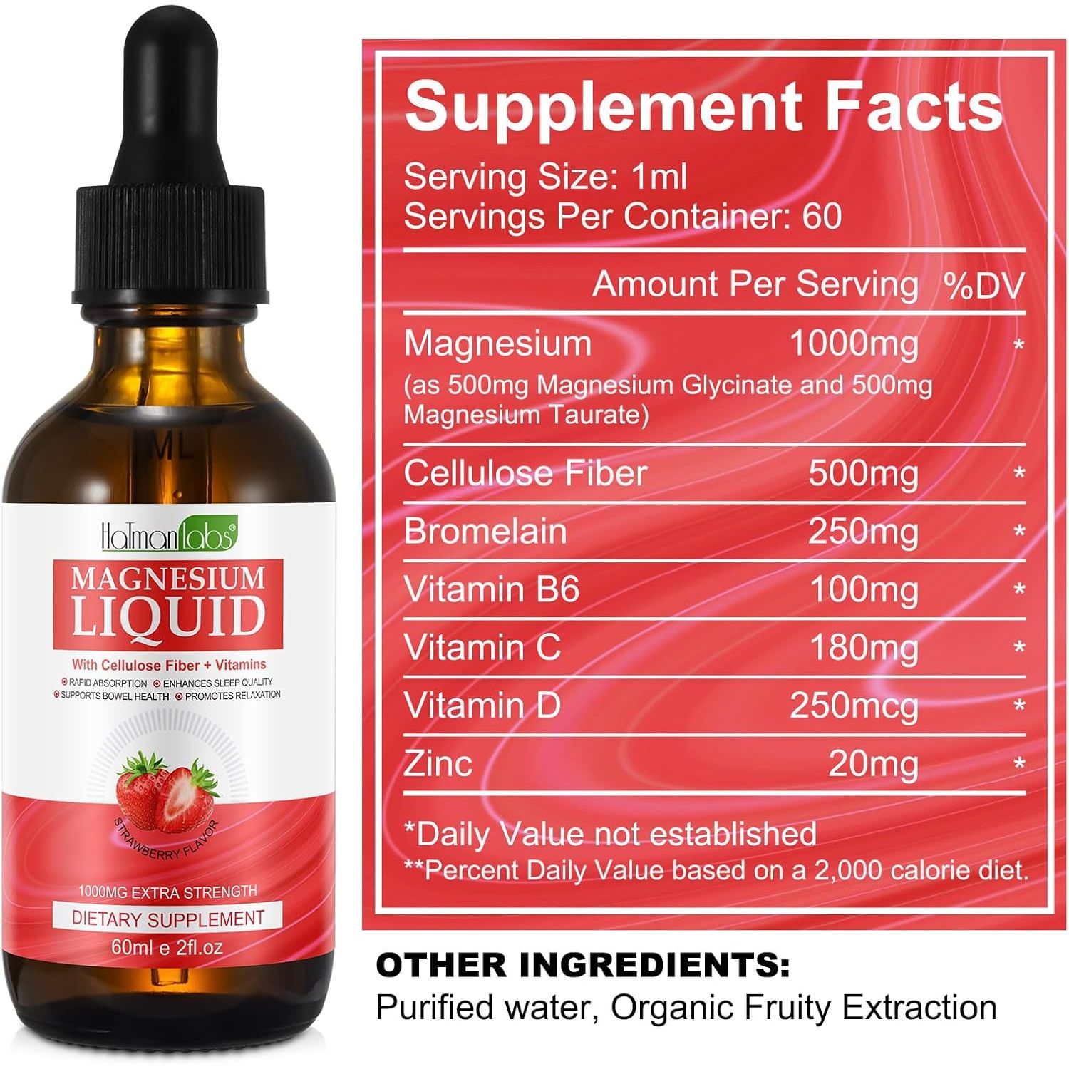 Magnesium Glycinate Liquid Drops,Liquid Complex with Magnesium Glycinate,Taurate,Cellulose Fiber,Bromelain,Vitamin B6,C,D and Zinc, Strawberry Flavor, 2 Fl Oz