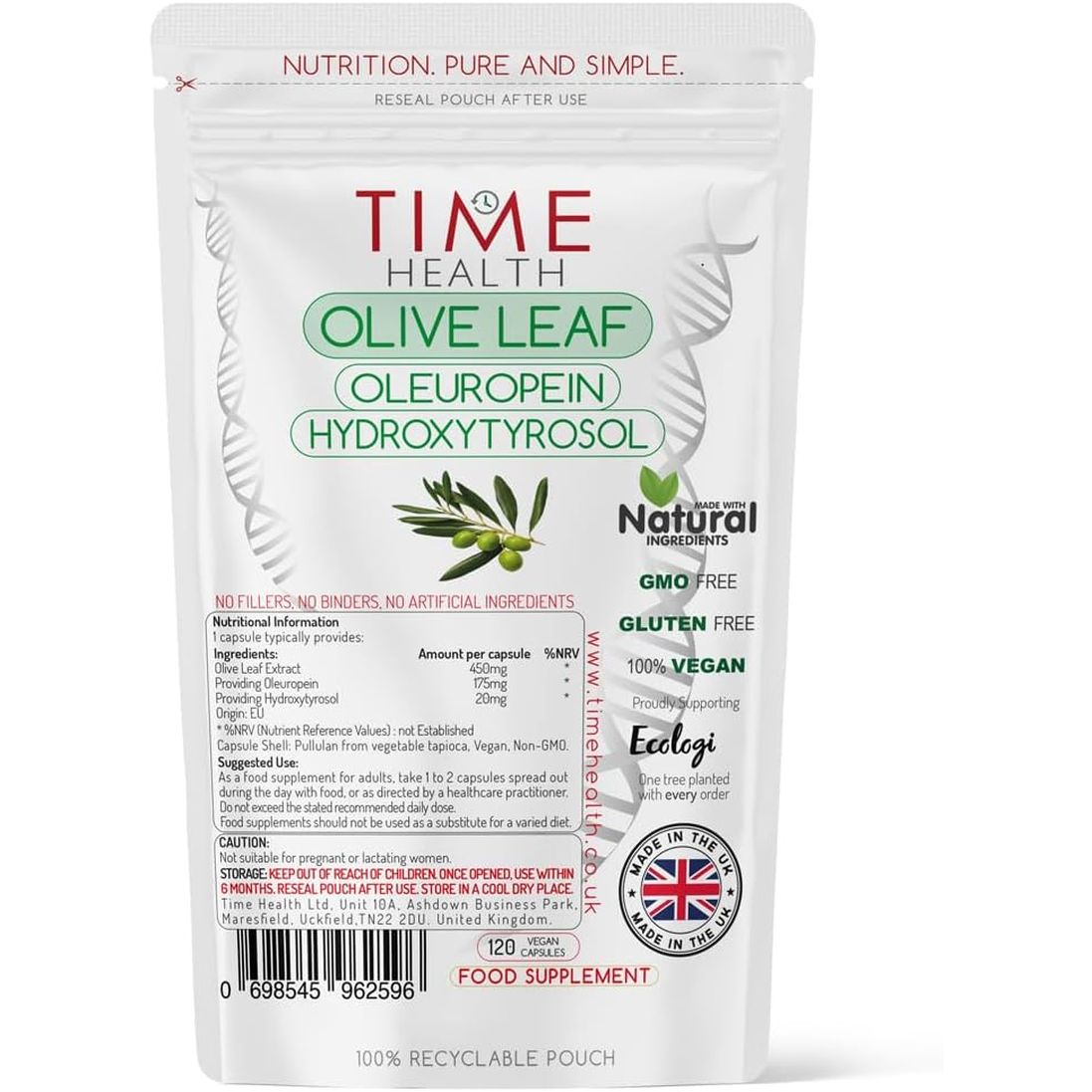 Olive Leaf Extract - Maximum Strength - High in Oleuropein - Spanish Source - UK Made - Zero Additives - Pullulan (120 Capsule Pouch)