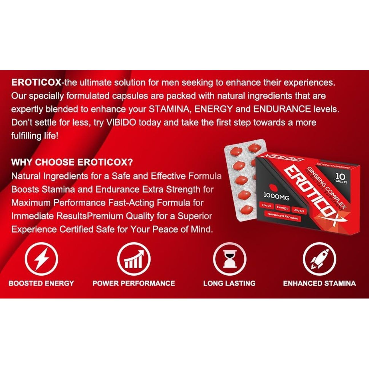 EROTICOX RED 1000Mg | Stronger | Longer | Harder | Performance | Extra Strength Enhancing Pills, Stamina Endurance Booster Supplement Pills for Men | 10 Ginseng Tablets